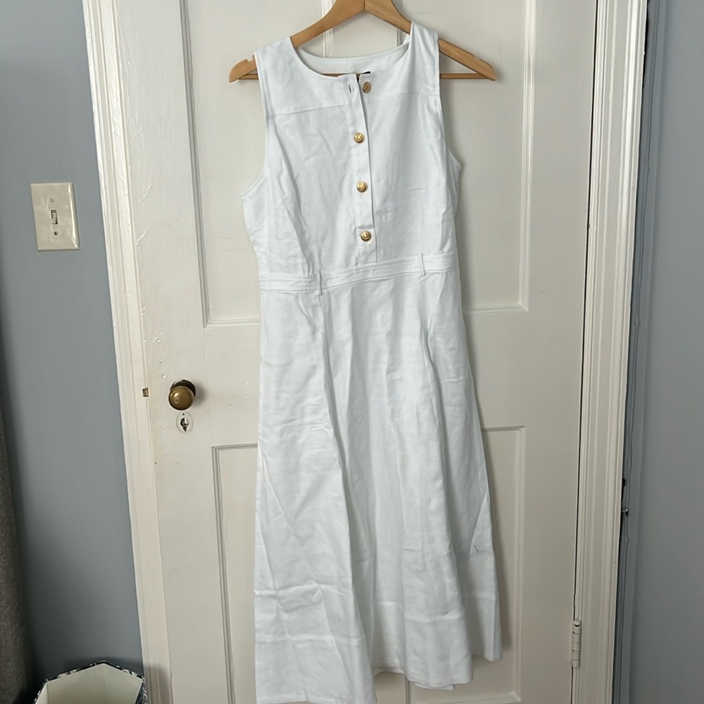 Jcrew linen midi white dress with gold buttons; new with tags